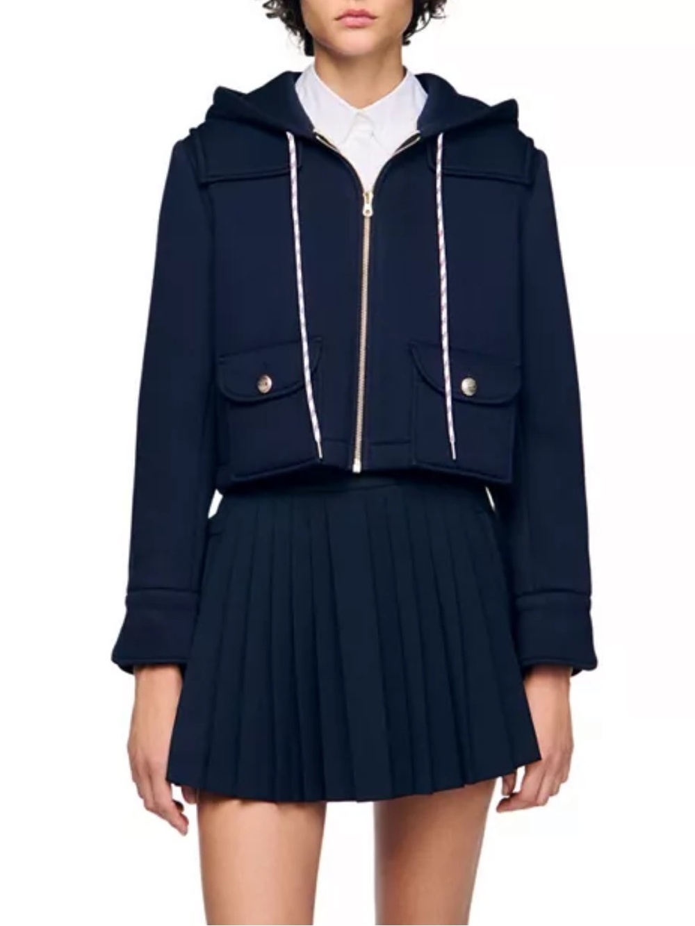 NWT Sandro Dorian Zippered Jacket with Hood in Marine Blue S $530